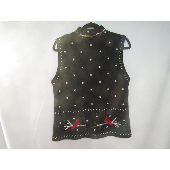 Christopher & Banks Women’s Medium Vest Black Cardinal Bird Embroidered Zip VTG - Picture 3 of 8